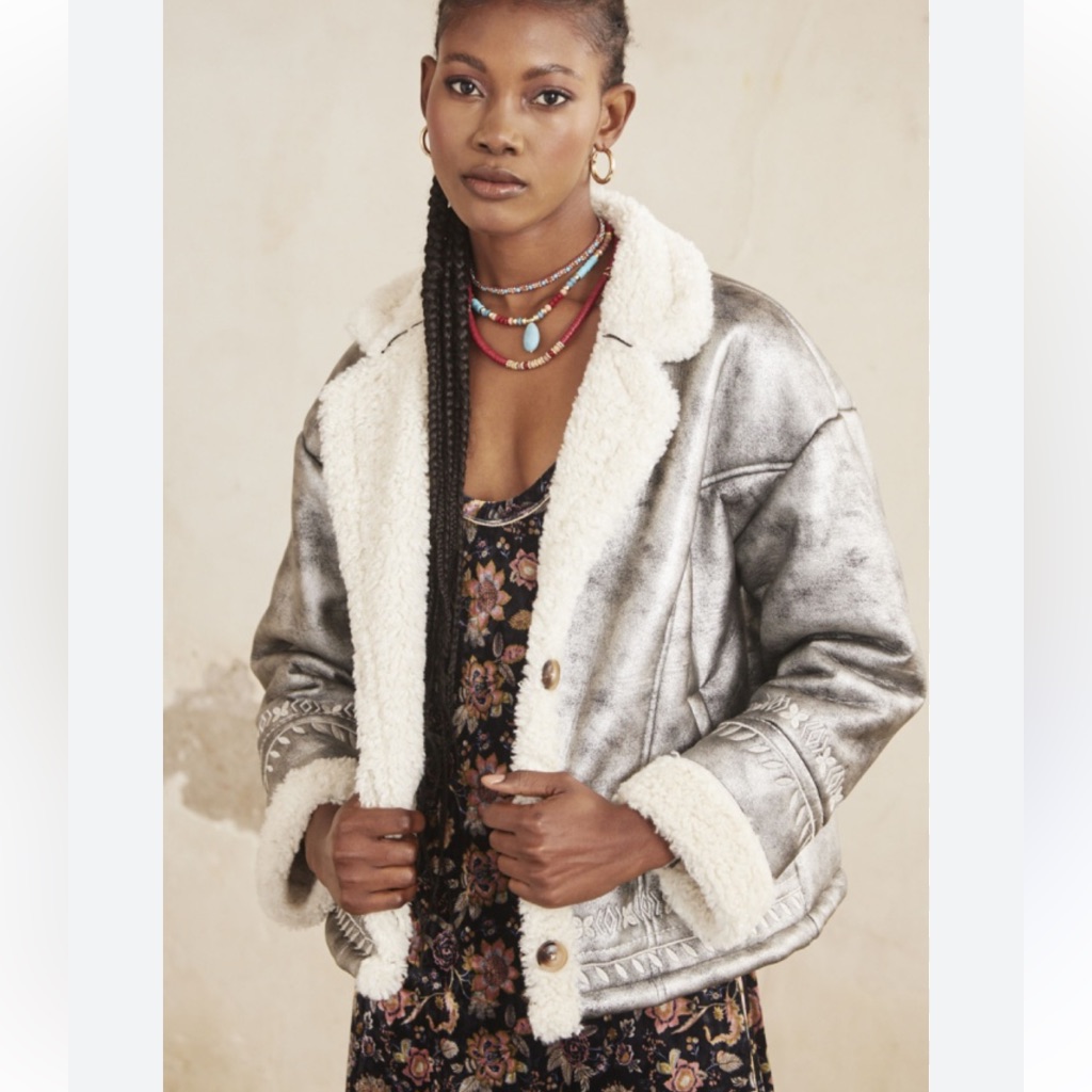 Nkn Nekane Gaia Silver Faux Leather Embroidered Aviator Bomber Jacket Small